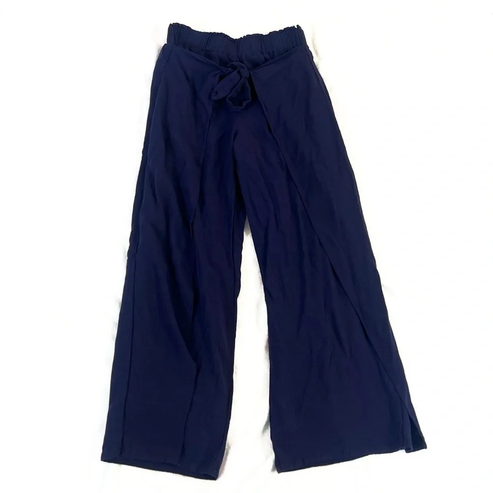 Lulus Always Here For You Navy Blue Tie Front Wide Leg Pants Pull On Ankle XS - Picture 5 of 11